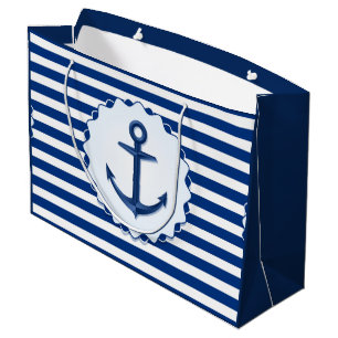 Sacola Para Presentes Grande Tema Marinho Blue e White Strike com Âncora