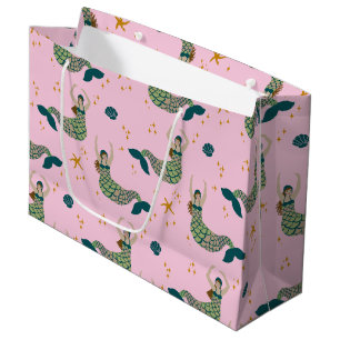 Sacola Para Presentes Grande Tema Sereia Moderna Ilustração Impressão Rosa-Rosa