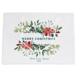 Sacola Para Presentes Grande Tendy Winter Green Folhas com Flores Vermelhas