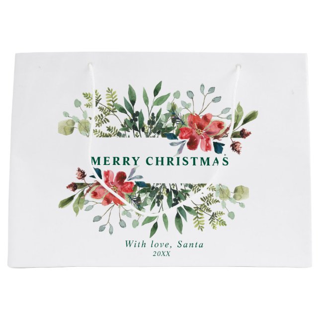 Sacola Para Presentes Grande Tendy Winter Green Folhas com Flores Vermelhas (Frente)