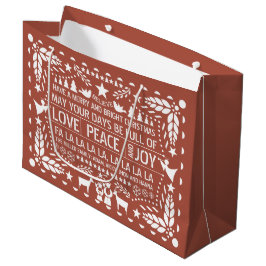 Sacola Para Presentes Grande Terracotta Love Peace Joy papel picado Natal