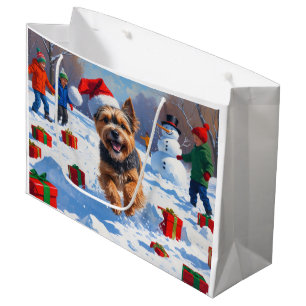Sacola Para Presentes Grande Terrier Tibetano Correndo na Neve com Chapéu de Na