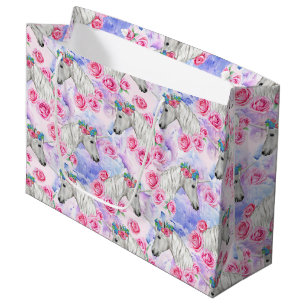 Sacola Para Presentes Grande Teste padrão dos unicórnios & dos rosas
