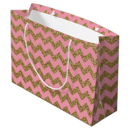 Sacola Para Presentes Grande Teste padrão Dourado de Chevron do brilho no rosa