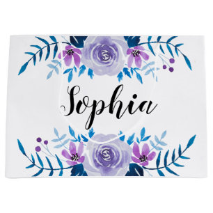 Sacola Para Presentes Grande Texto floral roxo azul do costume da grinalda da