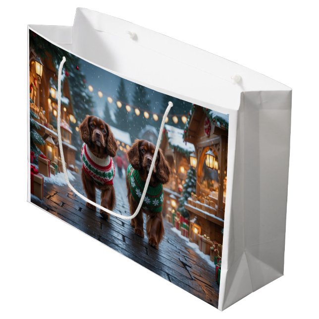 Sacola Para Presentes Grande Tibetan Spaniel Dogs Christmas Snow Holiday (Frente inclinada)