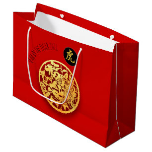 Sacola Para Presentes Grande Tigre de Ouro Vermelho Papercut Chinês Ano Novo 20
