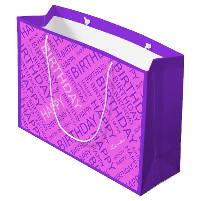 Sacola Para Presentes Grande Típico roxo, rosa, de aniversário, personalizado (Verso inclinado)