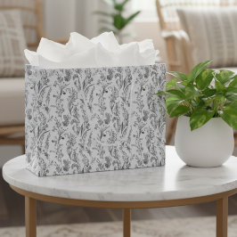 Sacola Para Presentes Grande Toile Floral Preto e Branco Elegante