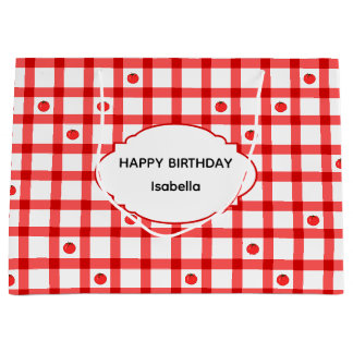 Sacola Para Presentes Grande Tomates de Gingham Vermelho Fofo Aniversário Feliz