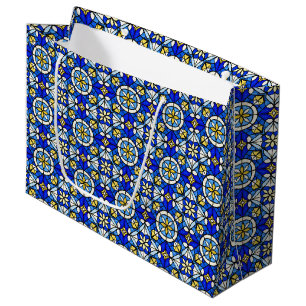 Sacola Para Presentes Grande Tons de Azul e Amarelo no Estilo de Vitral