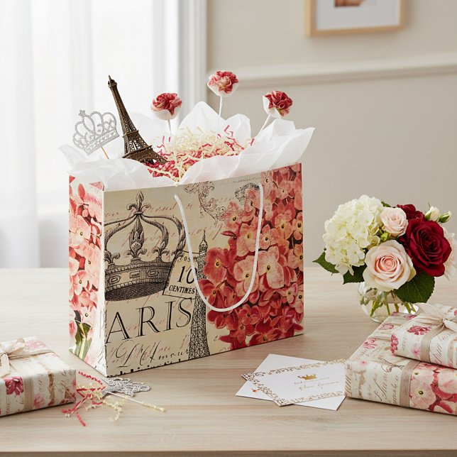 Sacola Para Presentes Grande Torre Eiffel e hortênsia  (Criador carregado)