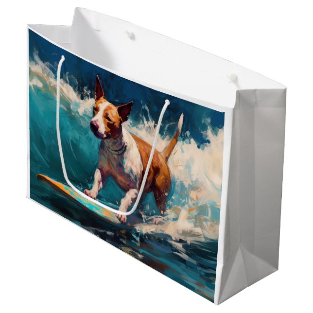 Sacola Para Presentes Grande Touro Terrier Beach Surfing Painting (Frente inclinada)