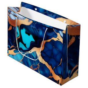 Sacola Para Presentes Grande Trendy Blue Dourado mármore azul amarelo