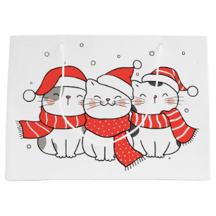 Sacola Para Presentes Grande Três Gatos de Natal em Chapéus e Escarboços
