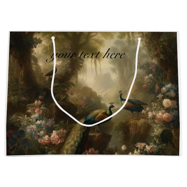 Sacola Para Presentes Grande três pavões no jardim inglês, personalizáveis (Frente)