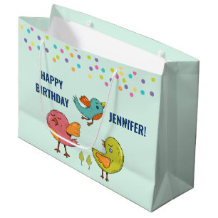 Sacola Para Presentes Grande Trio de Aniversário das Aves Marinhas Coloridas e