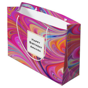 Sacola Para Presentes Grande Trippy Pink e Orange Swirly Design Birthday