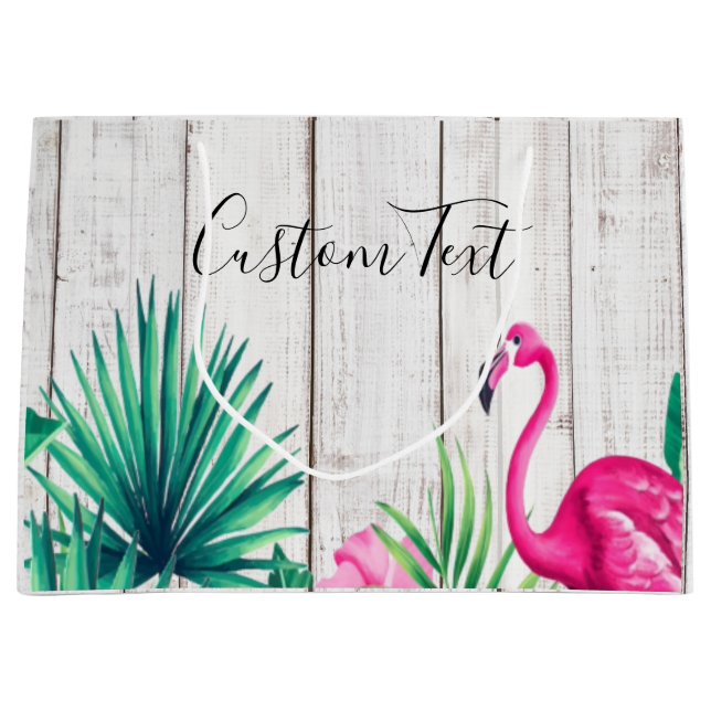 Sacola Para Presentes Grande Tropical Floral Rosa Flamingo Family Name Beach (Frente)