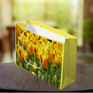 Sacola Para Presentes Grande Tulipas Amarelas com Faixa Vermelha Floral