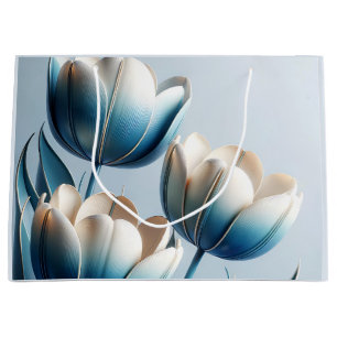 Sacola Para Presentes Grande Tulipas Azuis e Brancas Elegantes