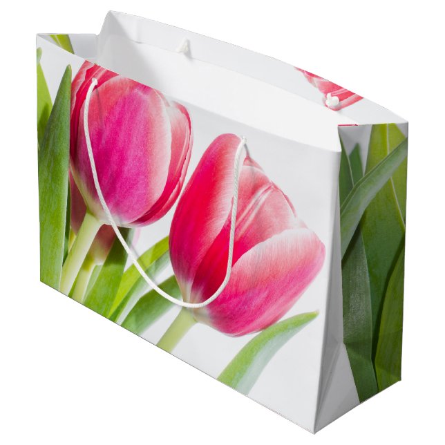 Sacola Para Presentes Grande Tulipas Rosa com Foto de Folhas Verdes (Verso inclinado)