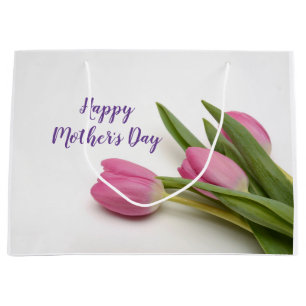 Sacola Para Presentes Grande Tulipas Rosa de Texto Personalizado