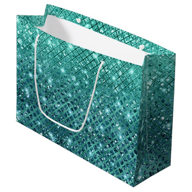 Sacola Para Presentes Grande Turquesa Aqua Green Sparkle (Frente inclinada)