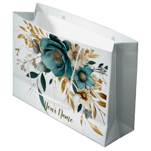 Sacola Para Presentes Grande Turquesa de festa Flor Branca Folhas Douradas Eleg