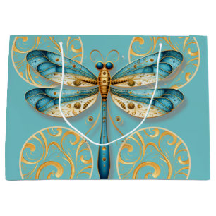 Sacola Para Presentes Grande Turquesa e Dragonfly Dourada