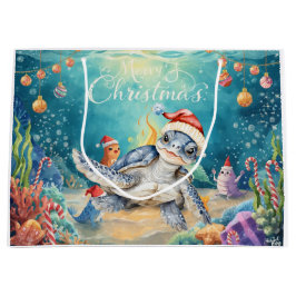Sacola Para Presentes Grande Turtle Santa Hat Under the Sea Christmas Party 