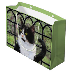 Sacola Para Presentes Grande Tuxedo Cat em Pintura de Janela Arte Animal Origin