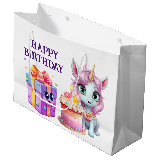 Sacola Para Presentes Grande Unicorn Aniversário (Frente inclinada)