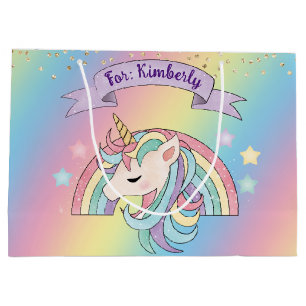 Sacola Para Presentes Grande Unicorn e Sparkly Rainbow Dourado Glitter Nome Per