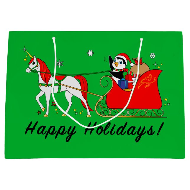 Sacola Para Presentes Grande Unicórnio do Natal com pinguim e trenó (Frente)