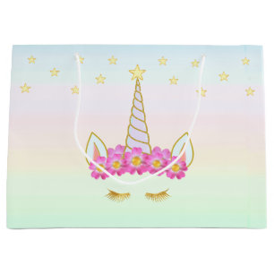 Sacola Para Presentes Grande Unicórnio Real, Flores & Estrelas em Cores Pastel 