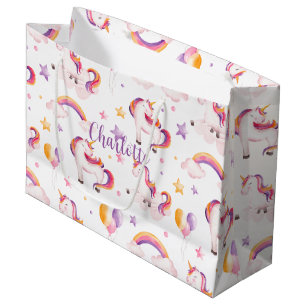 Sacola Para Presentes Grande Unicórnios e Arco-íris Aquarela Meninas Aniversári