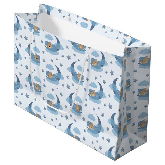 Sacola Para Presentes Grande Urso Bebê Azul Em Nuvens E Estrelas (Frente inclinada)
