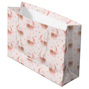 Sacola Para Presentes Grande Urso Bebê Rosa Dormindo Em Nuvens E Estrelas Luas