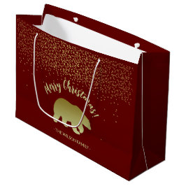 Sacola Para Presentes Grande Urso de Natal Dourado e Borgonha