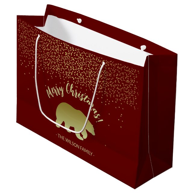 Sacola Para Presentes Grande Urso de Natal Dourado e Borgonha (Frente inclinada)