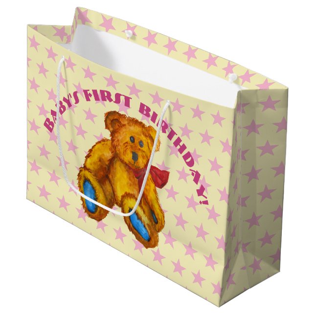 Sacola Para Presentes Grande Urso De Teddy Com Estrelas Rosa (Frente inclinada)