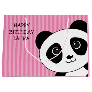 Sacola Para Presentes Grande Urso-Panda com Strips Rosa, Aniversário