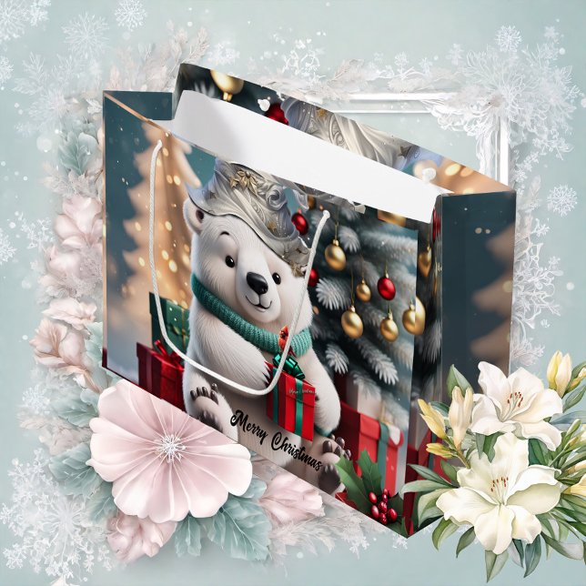 Sacola Para Presentes Grande Urso polar de natal fofo e fofo com presente. (Polar bear)