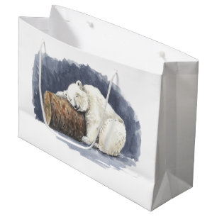 Sacola Para Presentes Grande Urso polar dormindo, arte em aquarela