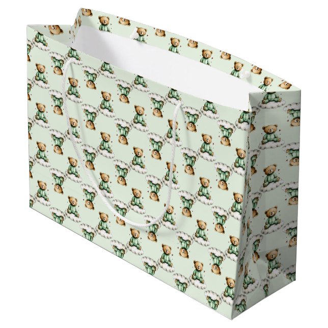 Sacola Para Presentes Grande Urso Teddy Fofo em PJs Verdes na Nuvem (Verso inclinado)