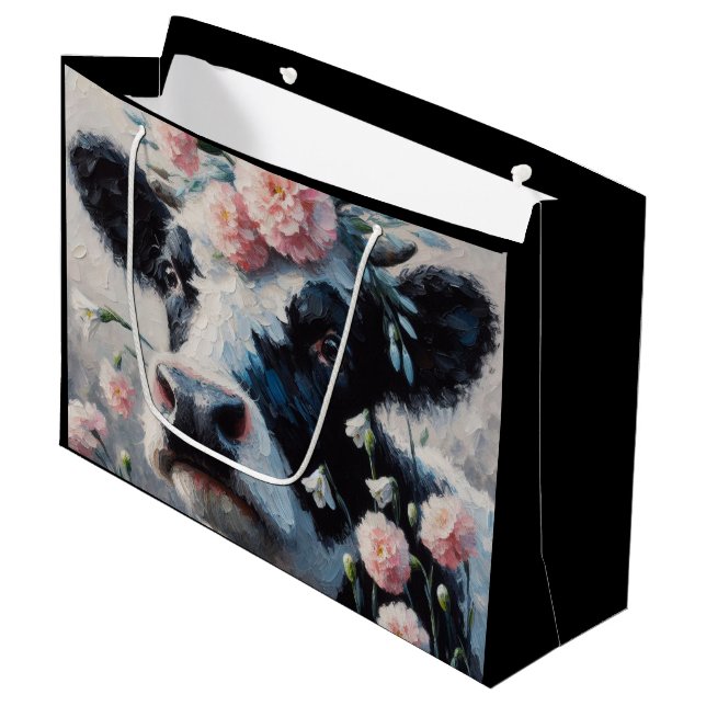 Sacola Para Presentes Grande Vaca de Holstein em Pintura de Fazendas (Frente inclinada)