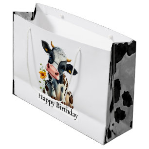 Sacola Para Presentes Grande Vaca Leiteira Feliz Aniversário Branco