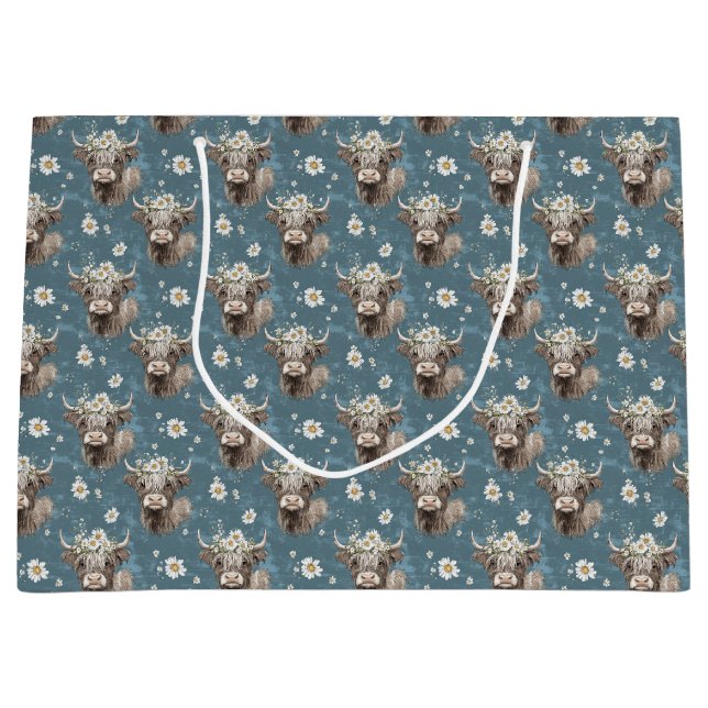 Sacola Para Presentes Grande Vacas e flores das terras altas (Frente)