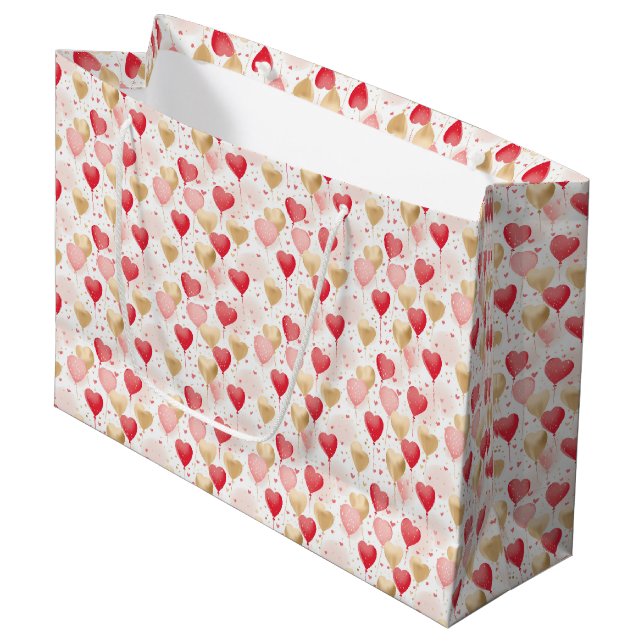 Sacola Para Presentes Grande Valentine's Pink Red Gold Heart Balloons Pattern (Frente inclinada)